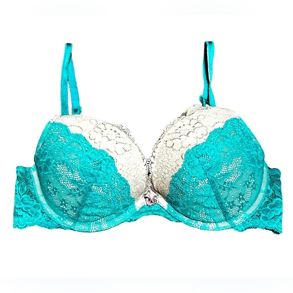 Sexy Victoria’s Secret Dream Angels‎ Plunge Bra Lace Turquoise and Ivory 34C - Picture 1 of 2